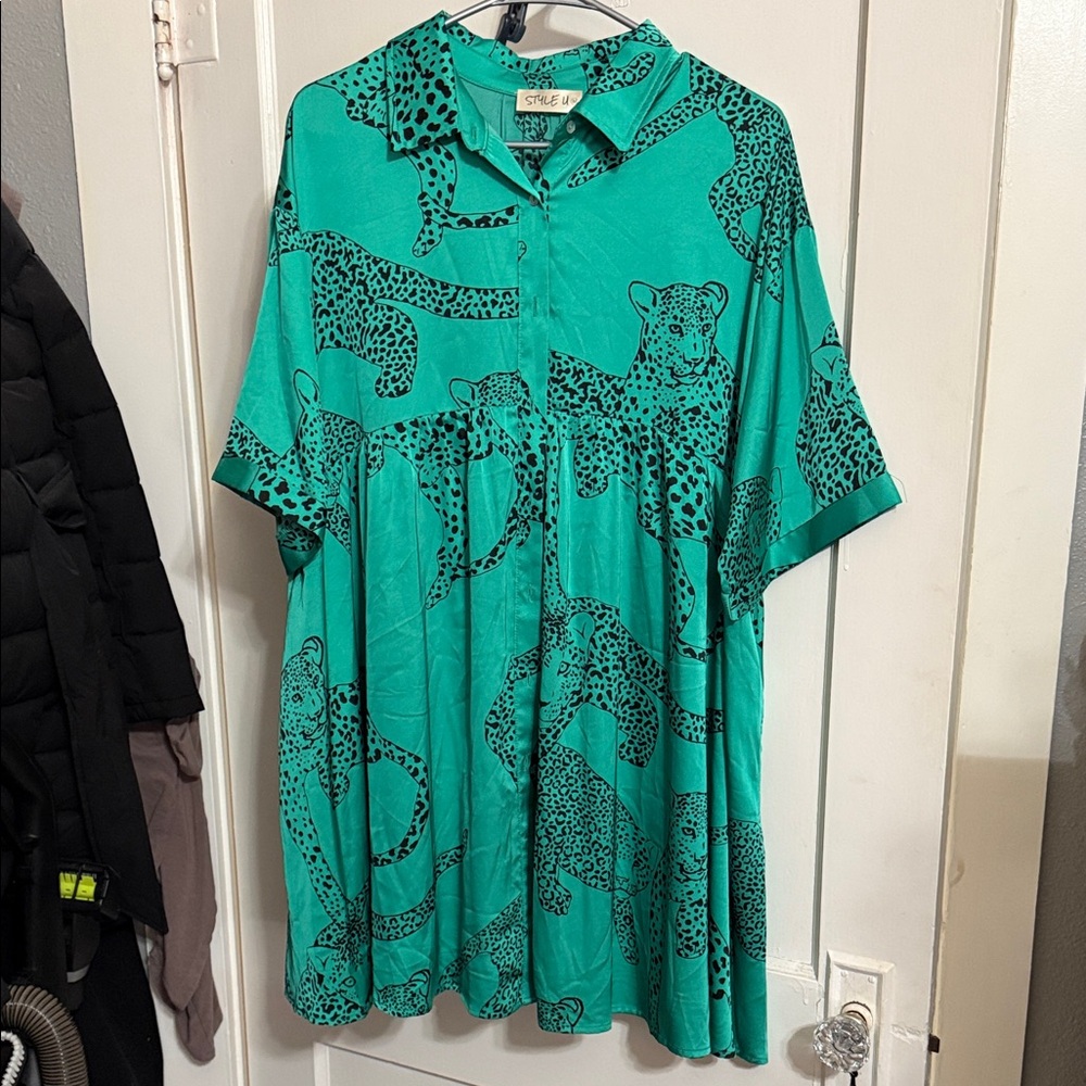 Trendy Boutique Teal Leopard Print Mini Dress